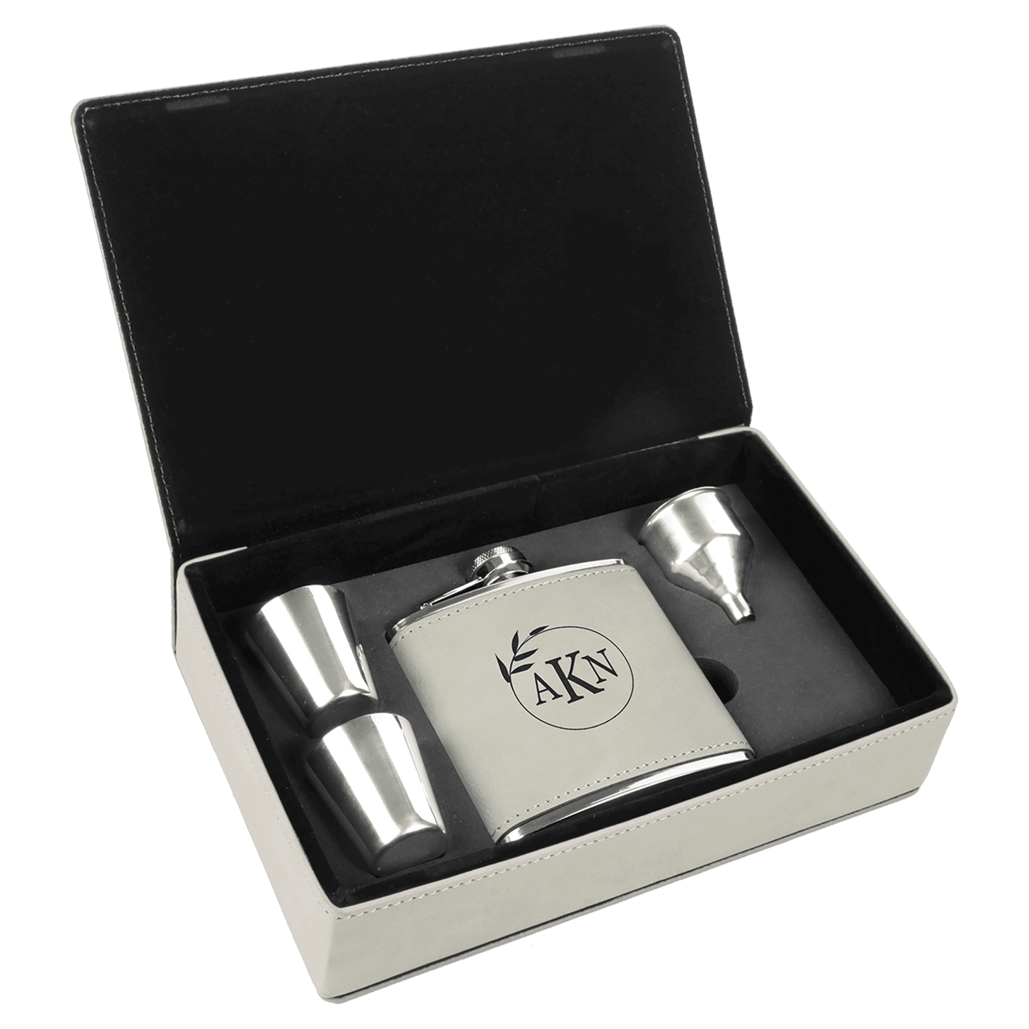 White 6 oz laser engravable leatherette flask personalized gift
