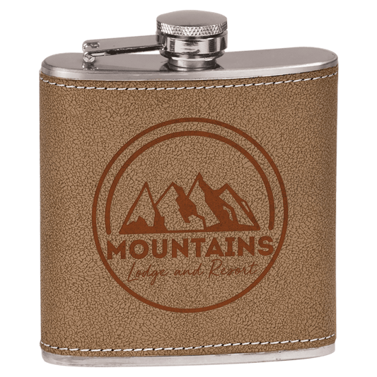Personalized 6 oz. leather-wrapped stainless steel flask with custom engraved name or date