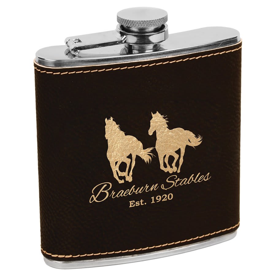Black/Gold 6 oz laser engravable leatherette flask personalized gift