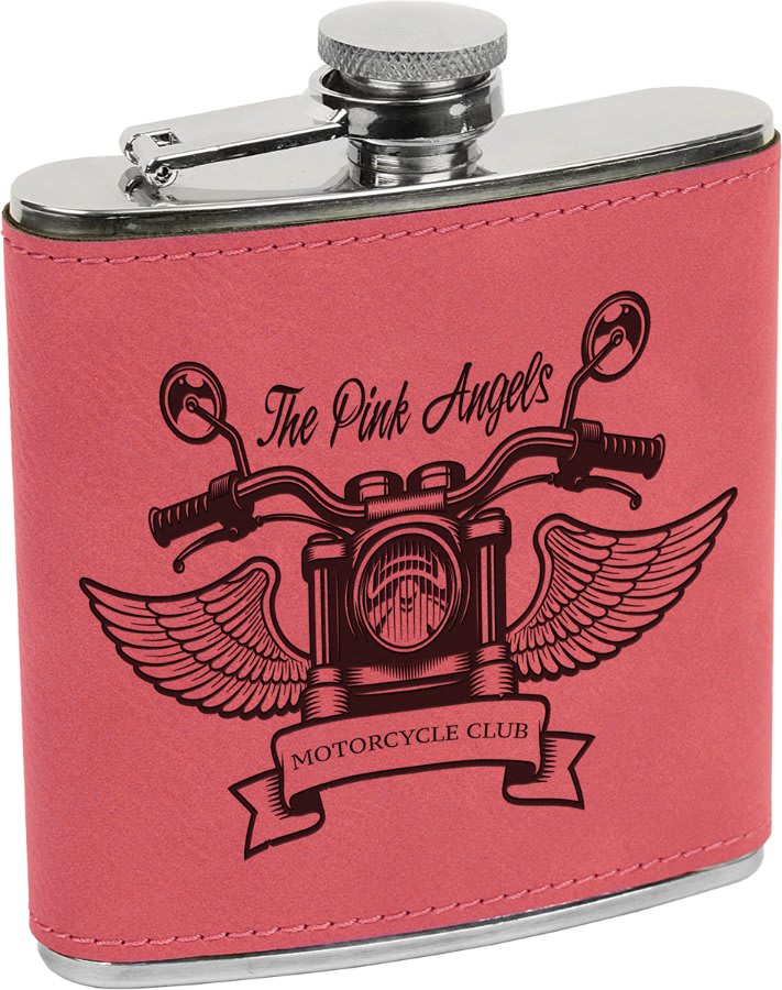 Pink 6 oz laser engravable leatherette flask personalized gift