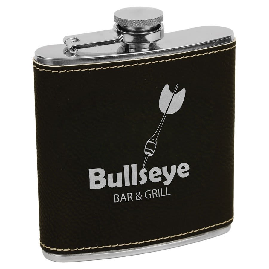 Black/Silver 6 oz laser engravable leatherette flask personalized gift