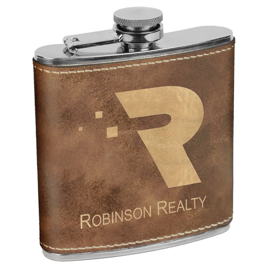 Rustic/Gold 6 oz laser engravable leatherette flask personalized gift