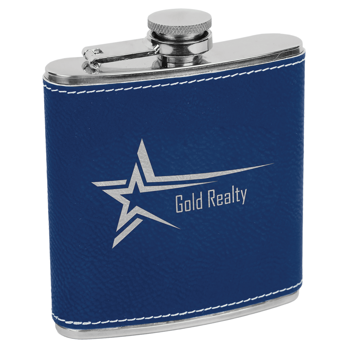 Blue/Silver 6 oz laser engravable leatherette flask personalized gift