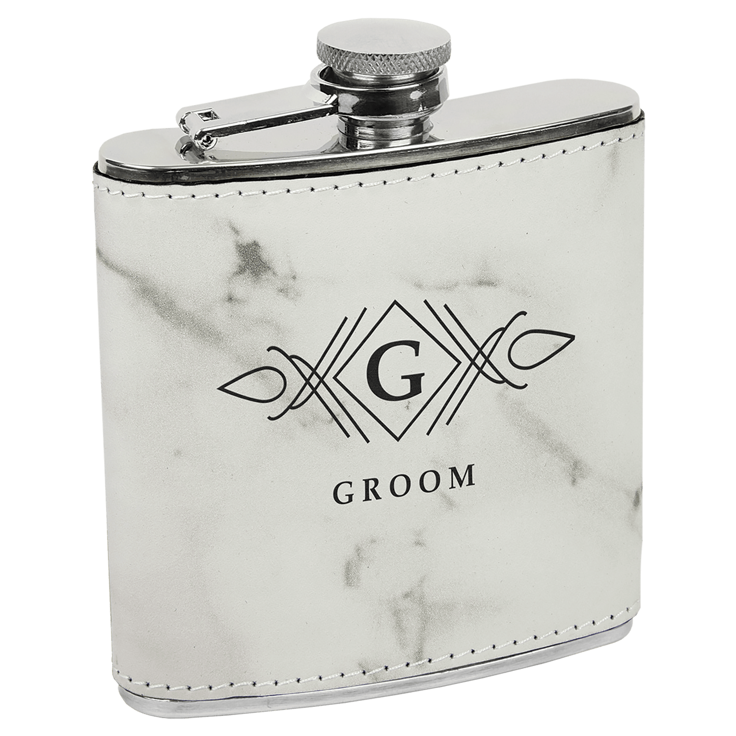 White Marble 6 oz laser engravable leatherette flask personalized gift