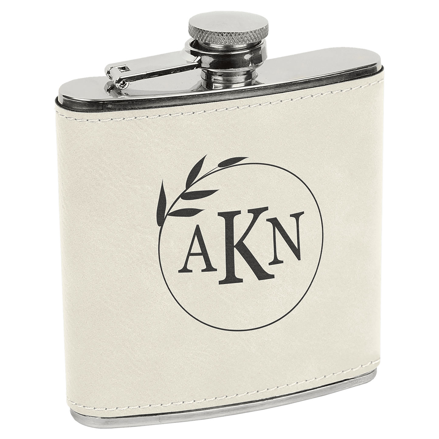 White/Black 6 oz laser engravable leatherette flask personalized gift