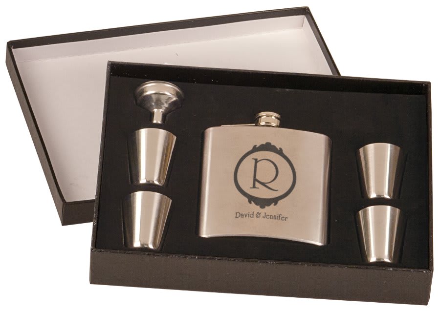 Personalized 6 oz. matte black flask gift set with 4 shot glasses and funnel in presentation box