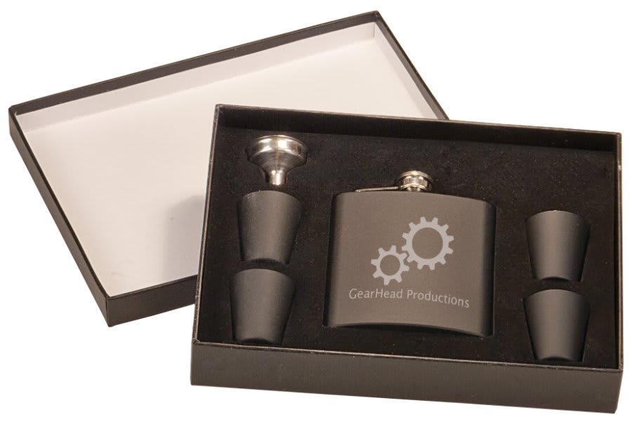 Personalized 6 oz. matte black flask gift set with 4 shot glasses and funnel in presentation box