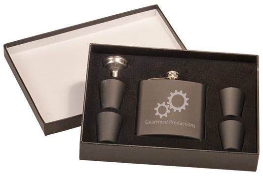 Personalized 6 oz. matte black flask gift set with 4 shot glasses and funnel in presentation box