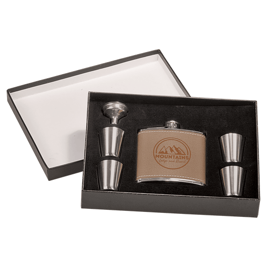 Personalized 6 oz. leather flask gift set with 4 shot glasses and funnel in presentation box