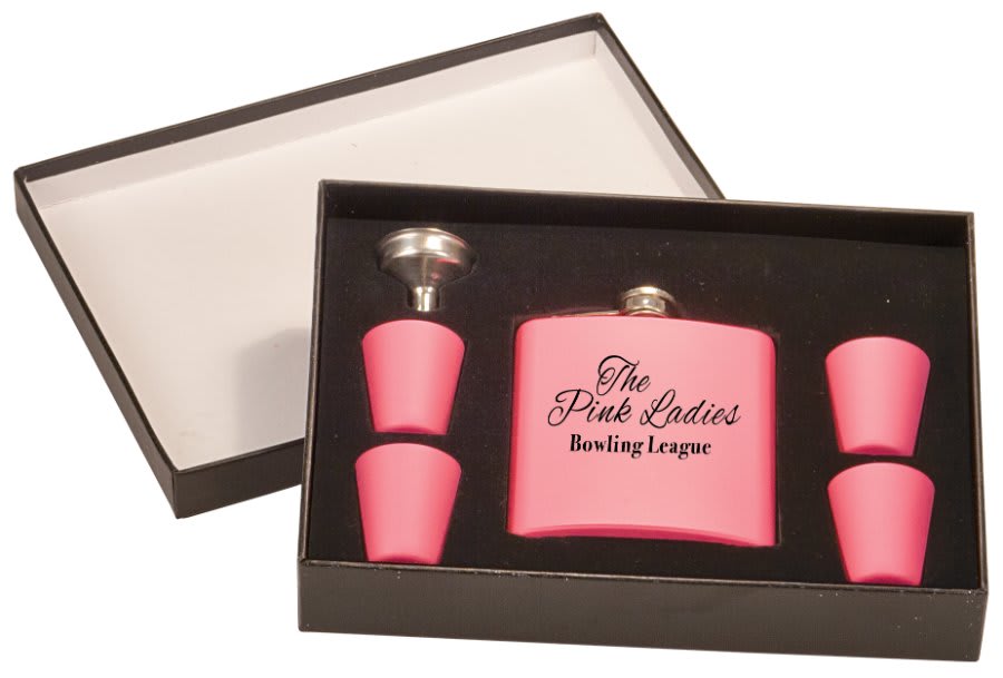 Personalized 6 oz. matte black flask gift set with 4 shot glasses and funnel in presentation box