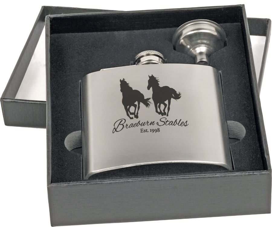 Personalized 6 oz. matte black flask gift set with 4 shot glasses and funnel in presentation box