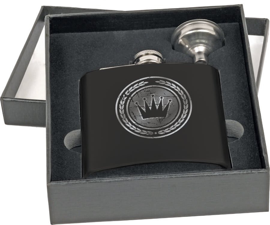 Personalized 6 oz. matte black flask gift set with 4 shot glasses and funnel in presentation box
