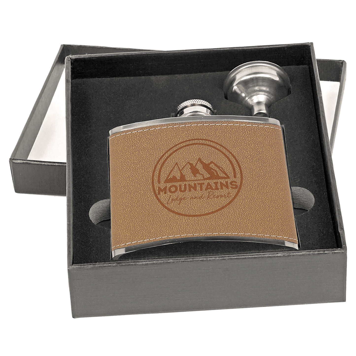 Personalized 6 oz. leather flask gift set with 4 shot glasses and funnel in presentation box