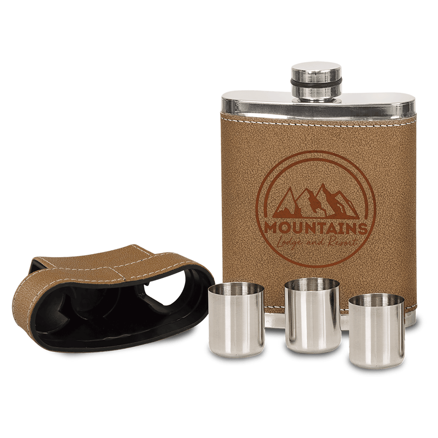 Personalized 7 oz. leather flask gift set with 3 shot glasses and custom engraved name or date
