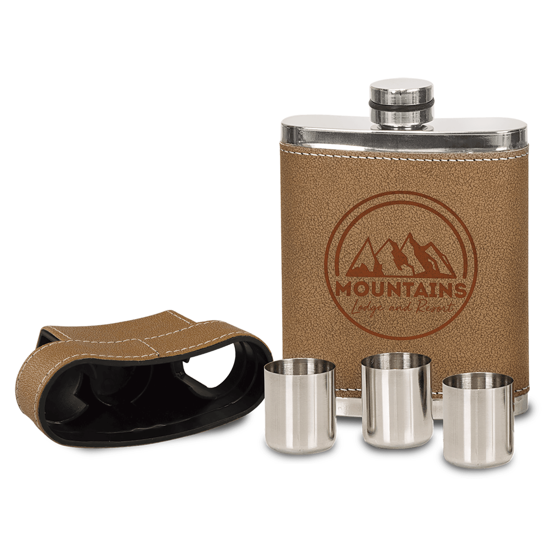 Personalized 7 oz. leather flask gift set with 3 shot glasses and custom engraved name or date