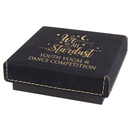 Black/Gold 3 1/2" x 3 1/2" laser engravable leatherette medal box personalized gift