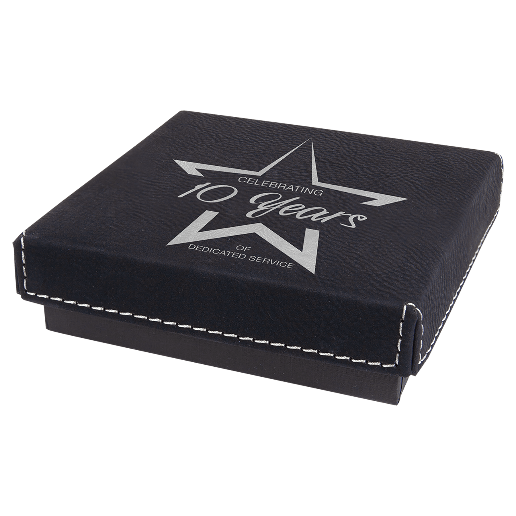 Black/Silver 4" x 4" laser engravable leatherette medal box personalized gift