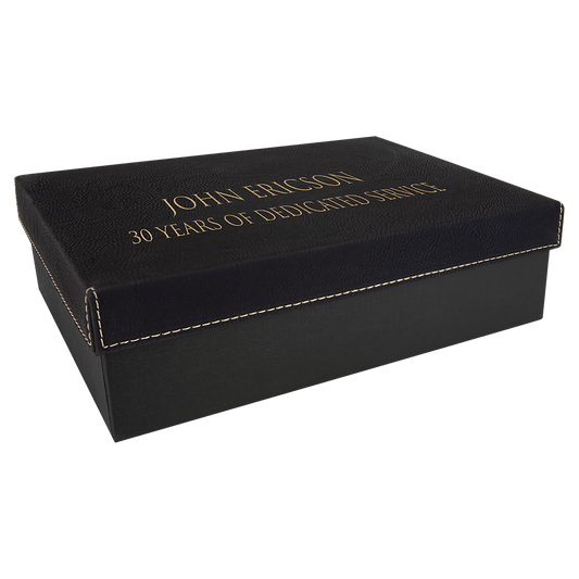 Black/Gold 9 7/8" x 7 1/8" laser engravable leatherette gift box personalized presentation