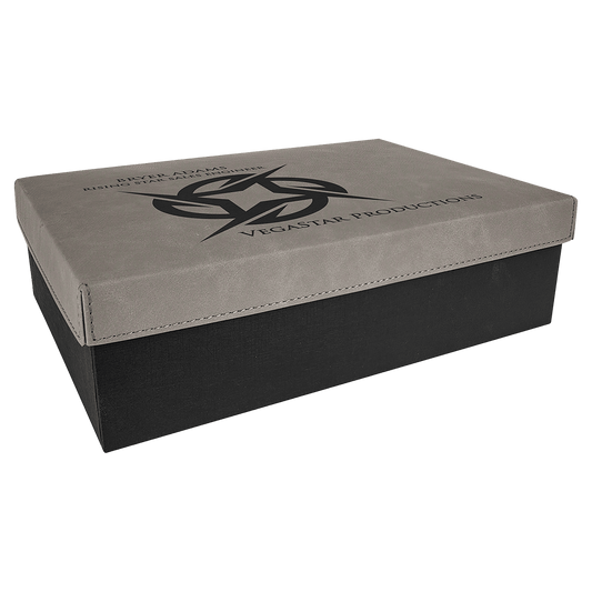Gray 11 3/4" x 7 3/4" laser engravable leatherette gift box personalized presentation