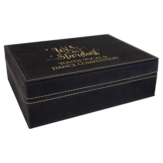 Black/Gold 8" x 6 3/8" laser engravable leatherette gift box personalized presentation