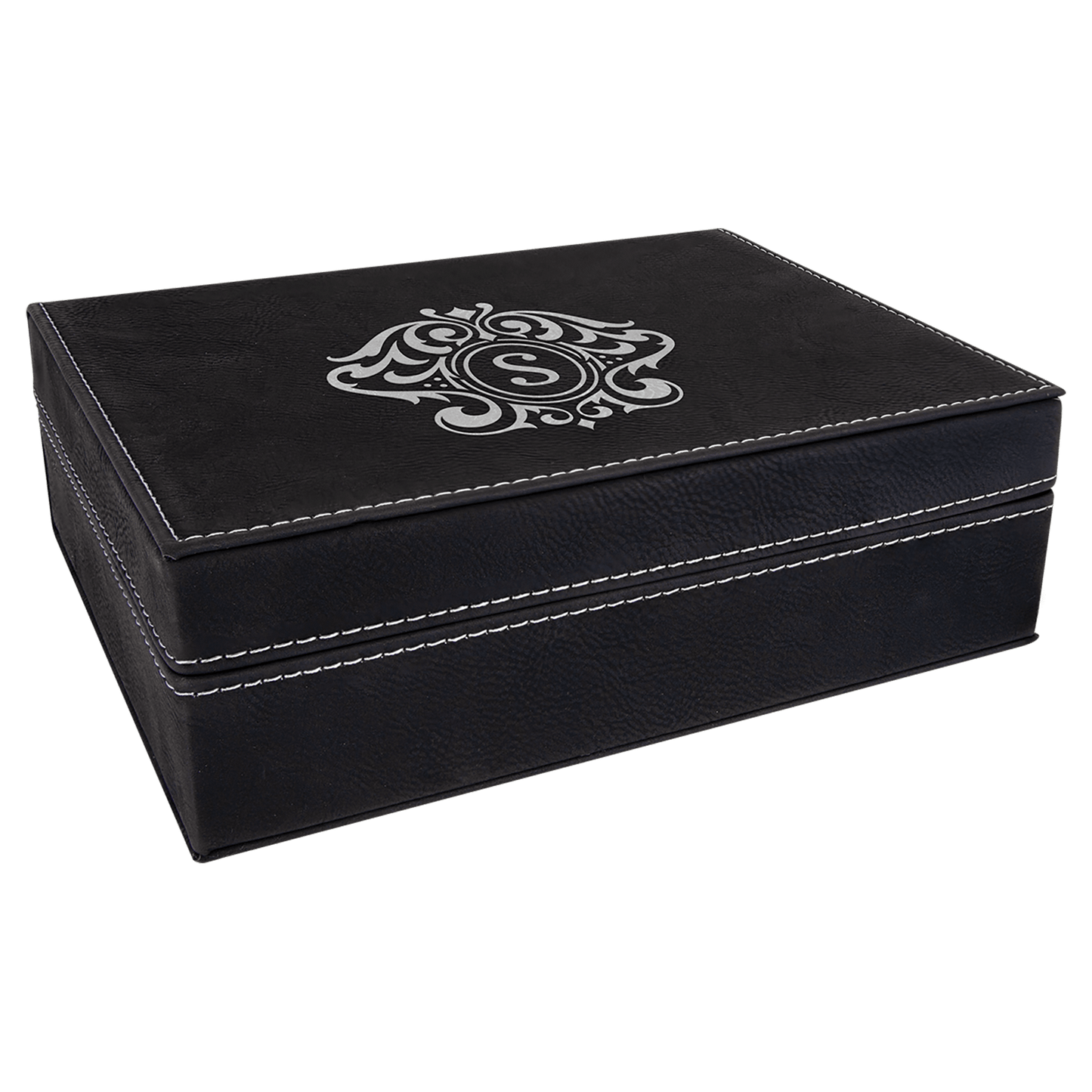 Black/Silver 8" x 6 3/8" laser engravable leatherette gift box personalized presentation