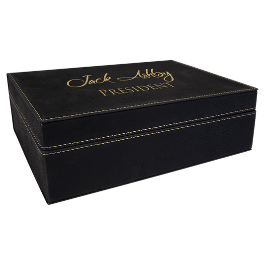 Black/Gold 10 1/4" x 7 1/2" laser engravable leatherette gift box personalized presentation