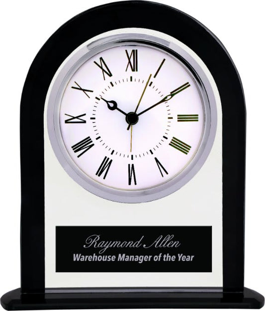 6 1/4" Black/Clear Glass Arch Clock laser engravable
