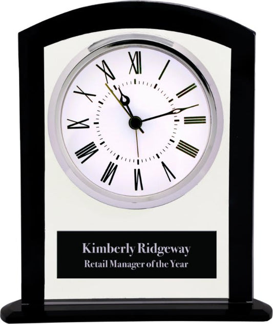 6 1/4" Black/Clear Glass Square Arch Clock laser engravable