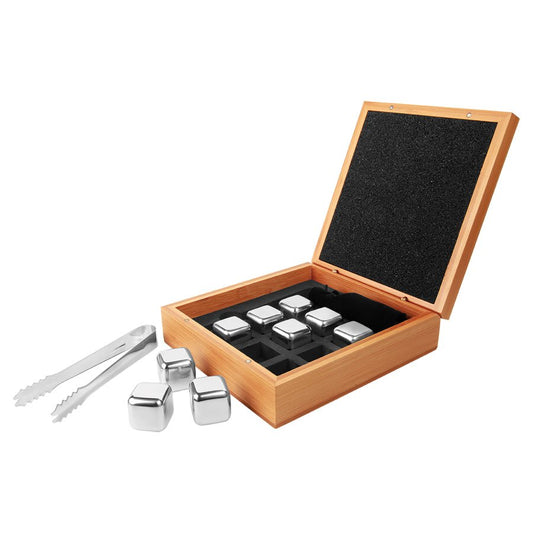 Personalized stainless steel whiskey stone set in engraved bamboo case with tongs and velvet pouch
