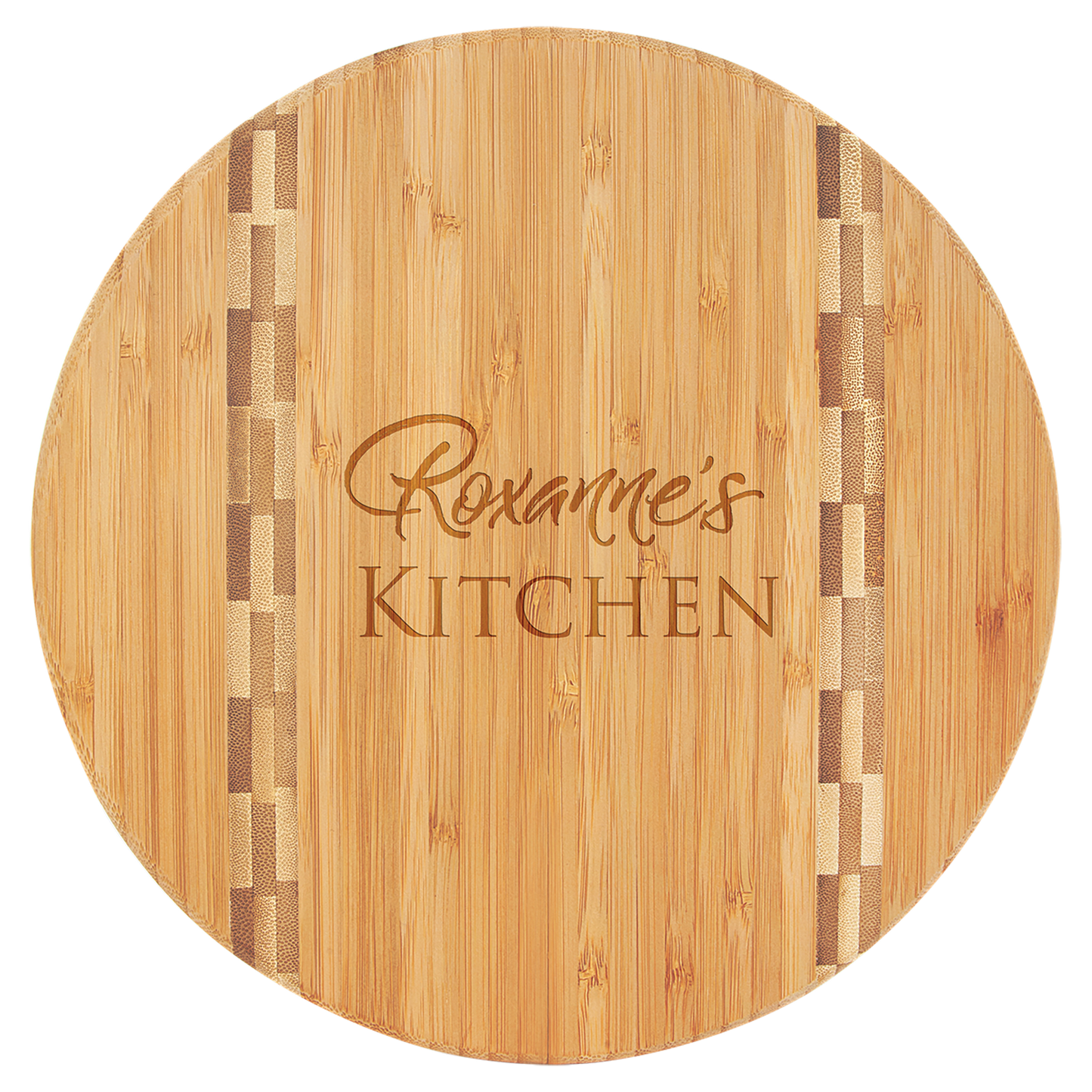 9 3/4" Round x 5/8" thick Personalized Round Bamboo Cutting Board with Butcher Block Inlay laser engravable