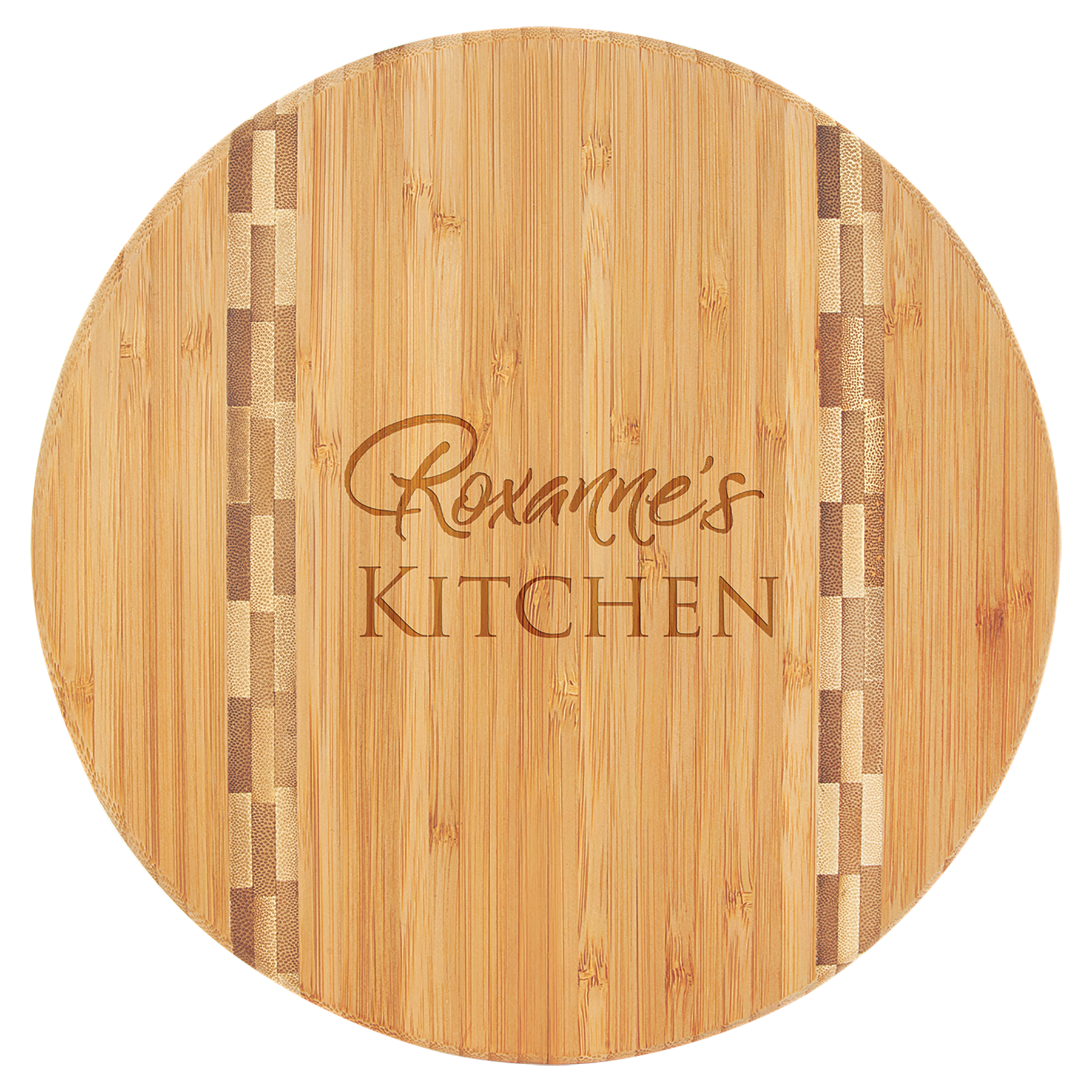 9 3/4" Round x 5/8" thick Personalized Round Bamboo Cutting Board with Butcher Block Inlay laser engravable