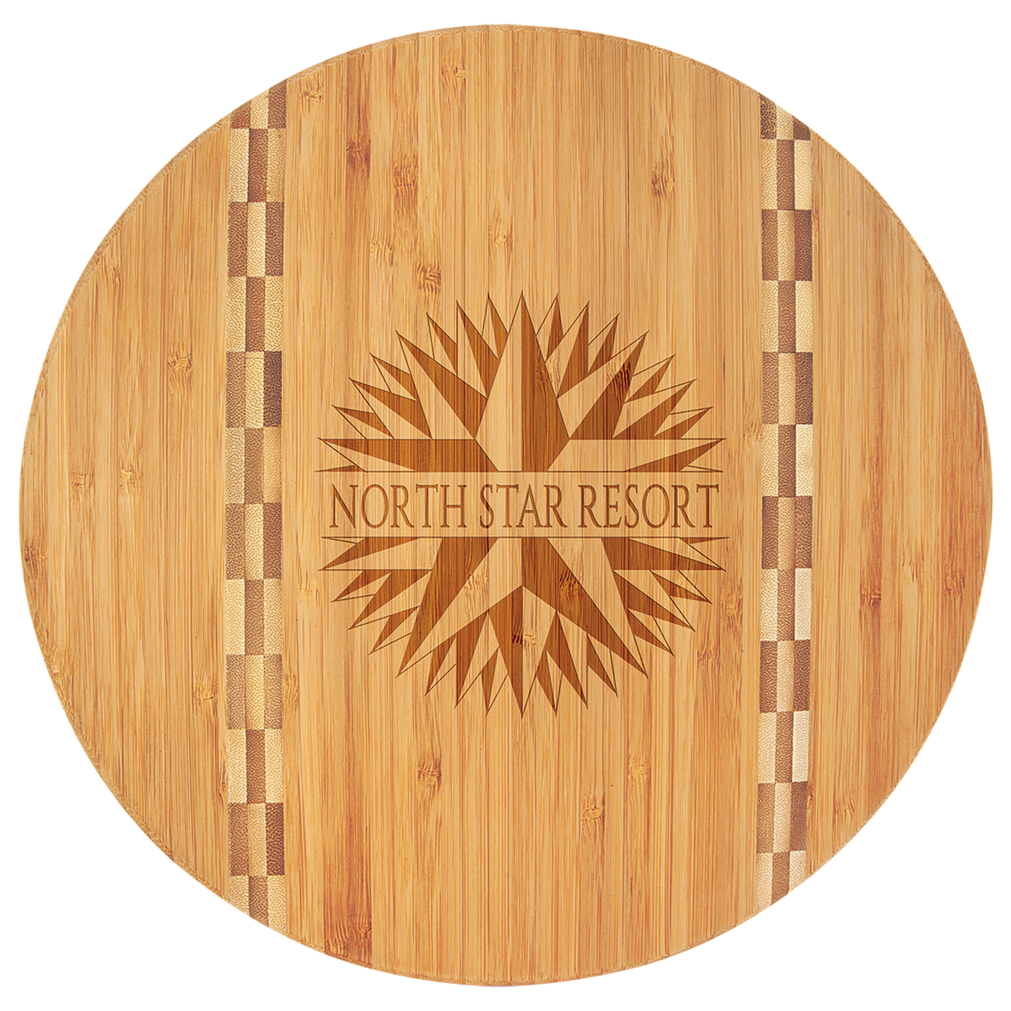 11 3/4" Round x 5/8" thick Personalized Round Bamboo Cutting Board with Butcher Block Inlay laser engravable