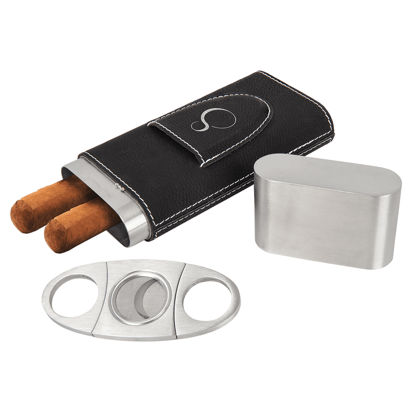 Black/Silver " laser engravable leatherette cigar case personalized gift