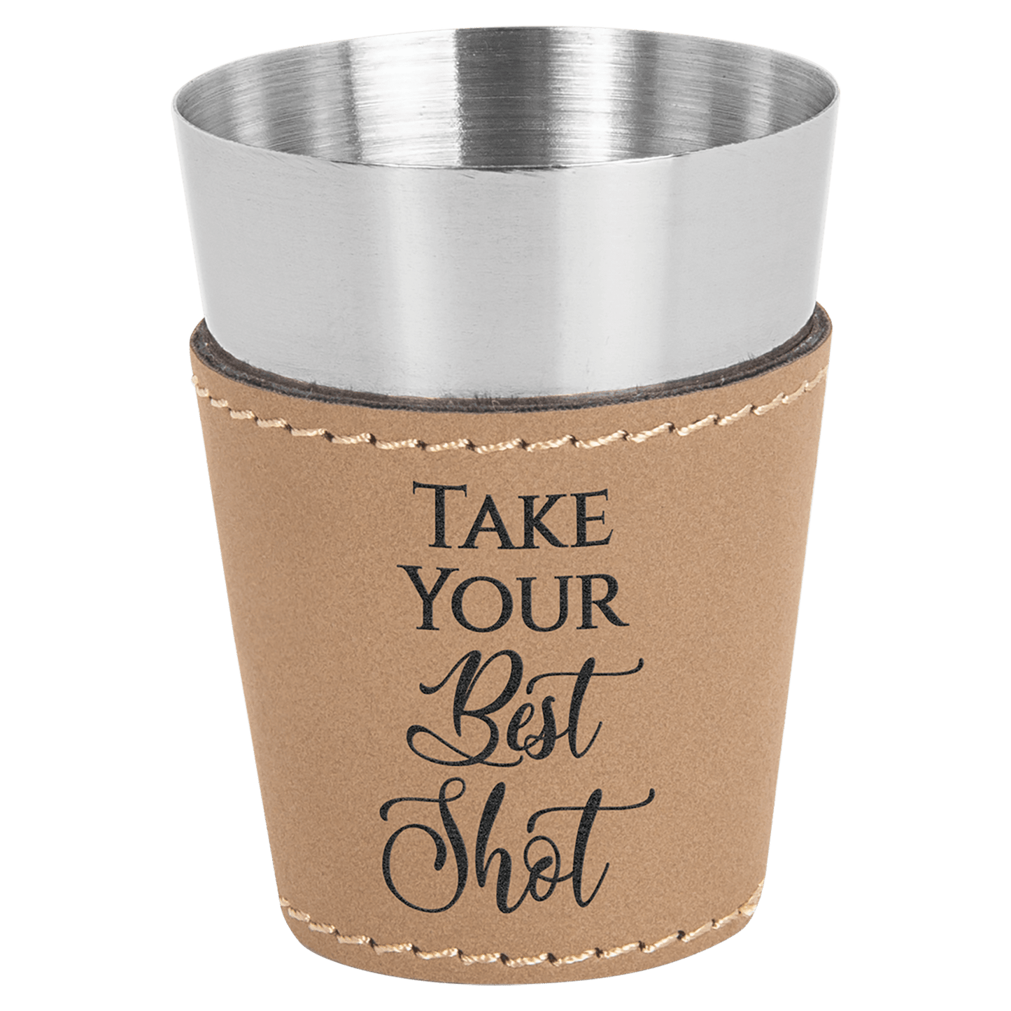 Light Brown 2" laser engravable leatherette shot glass personalized gift