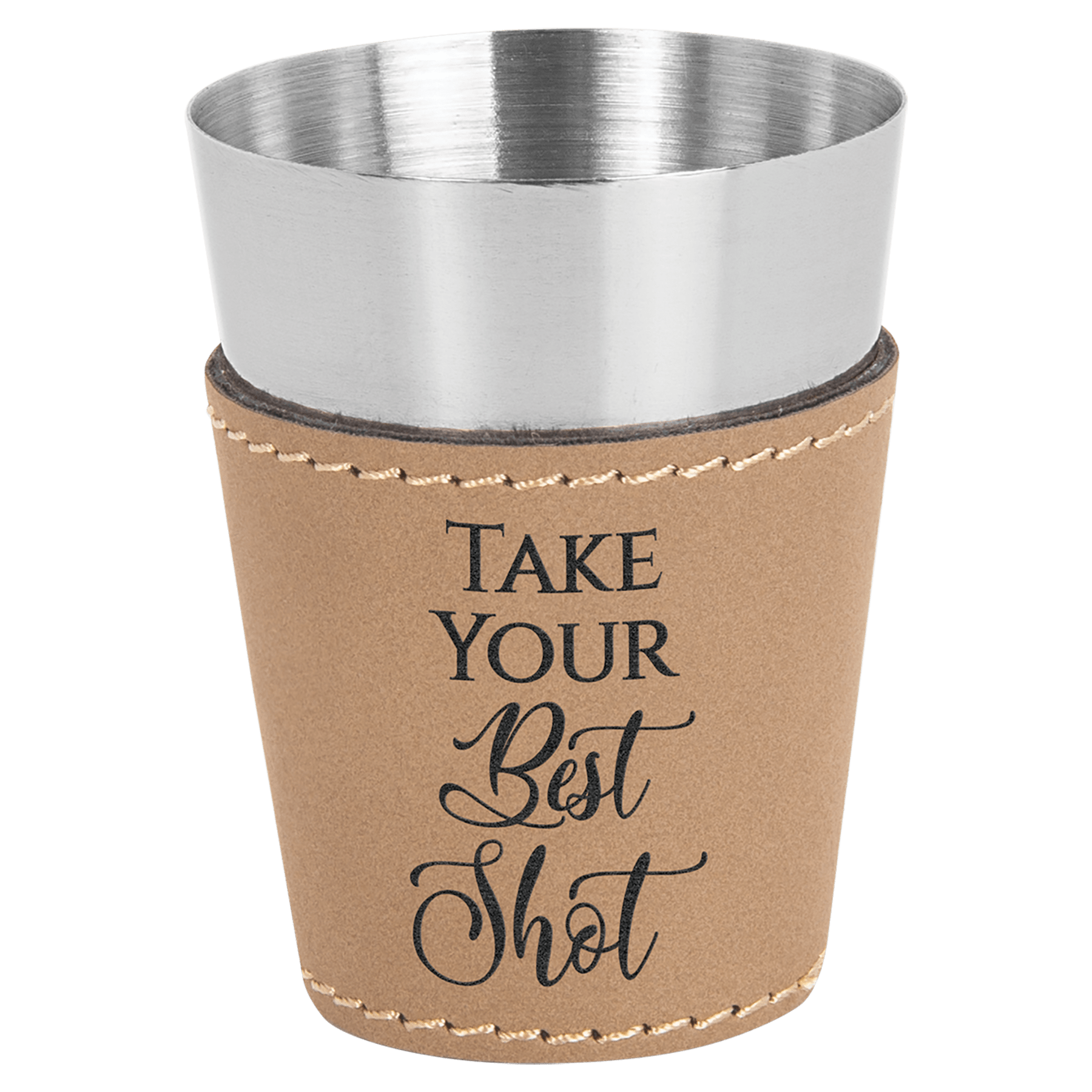 Light Brown 2" laser engravable leatherette shot glass personalized gift