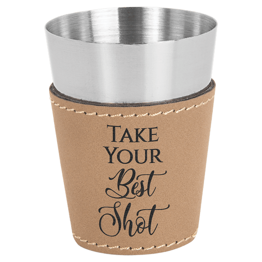 Light Brown 2" laser engravable leatherette shot glass personalized gift