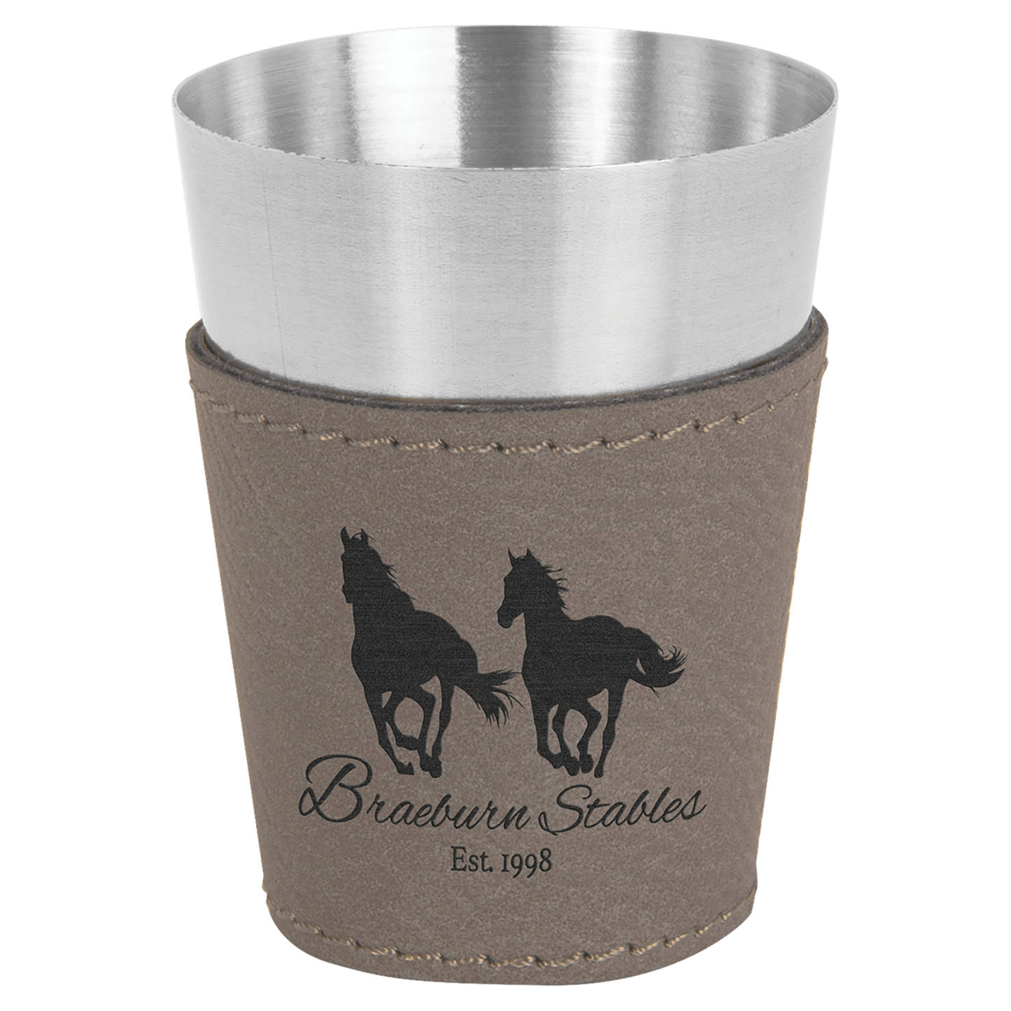 Gray 2" laser engravable leatherette shot glass personalized gift