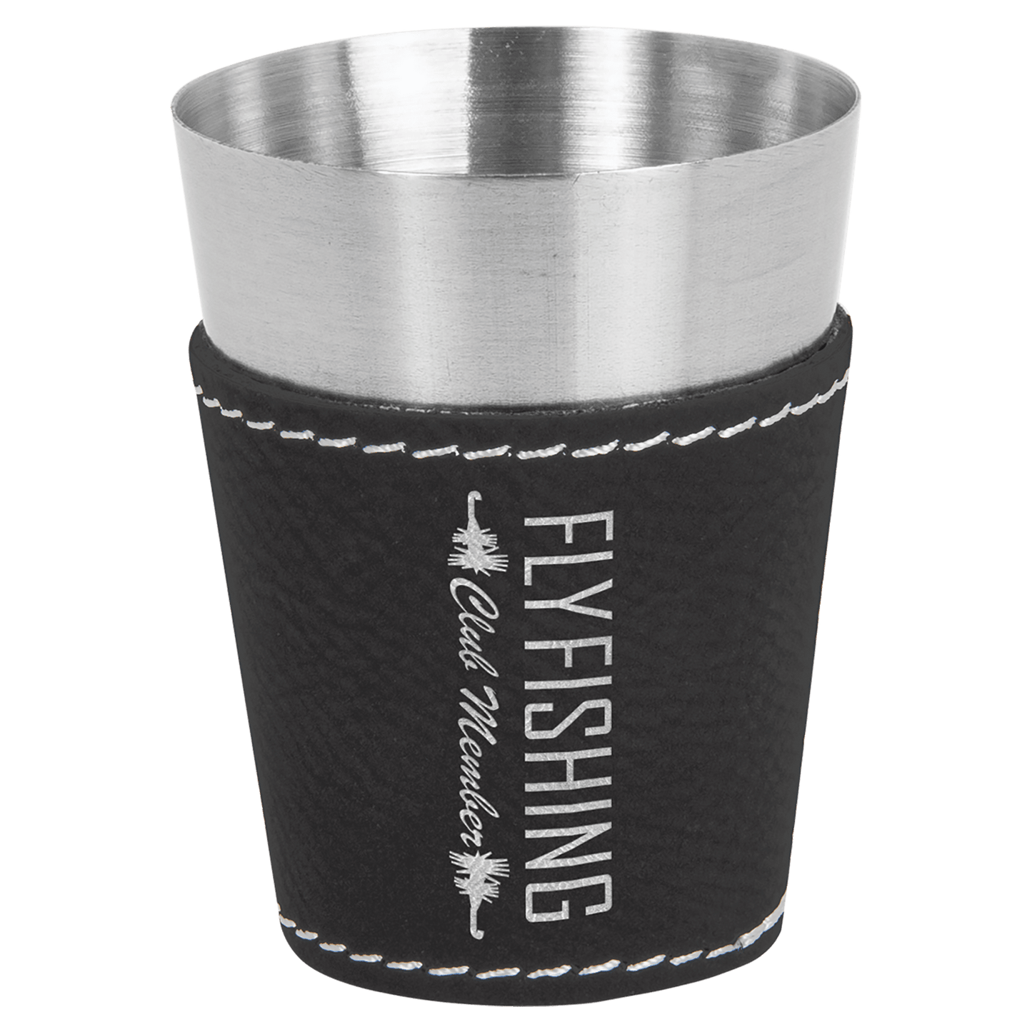 Black/Silver 2" laser engravable leatherette shot glass personalized gift