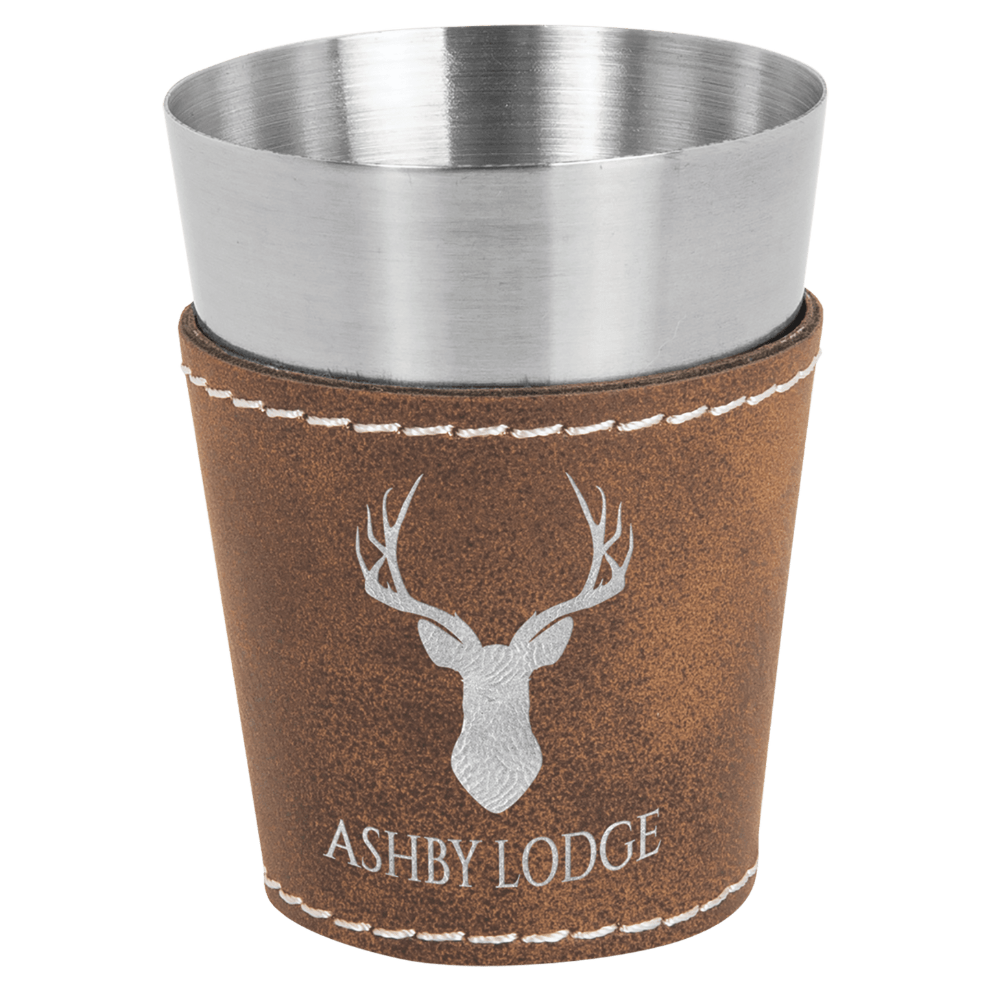 Rustic/Silver 2" laser engravable leatherette shot glass personalized gift