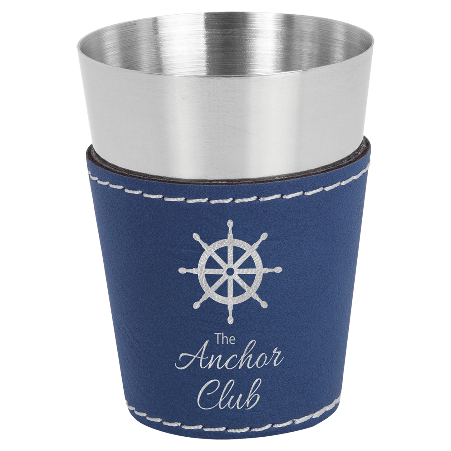 Blue/Silver 2" laser engravable leatherette shot glass personalized gift