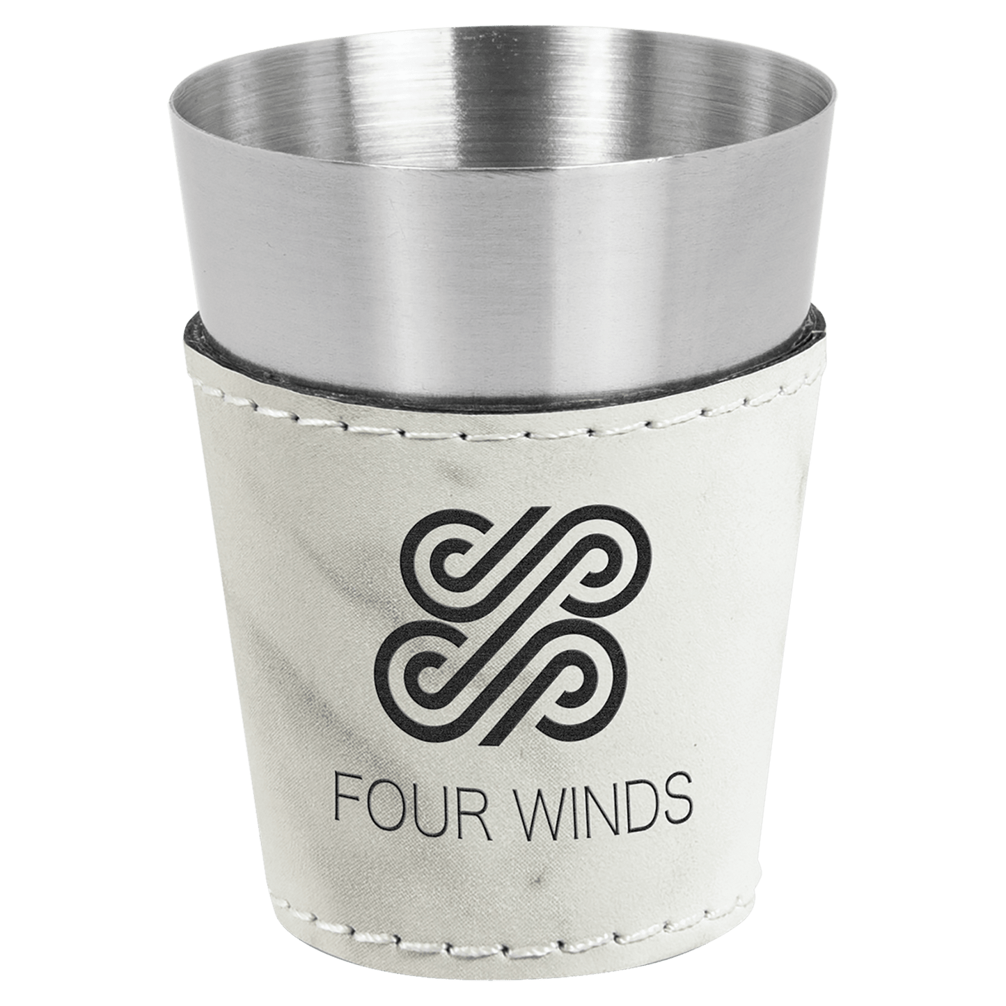 White Marble 2" laser engravable leatherette shot glass personalized gift