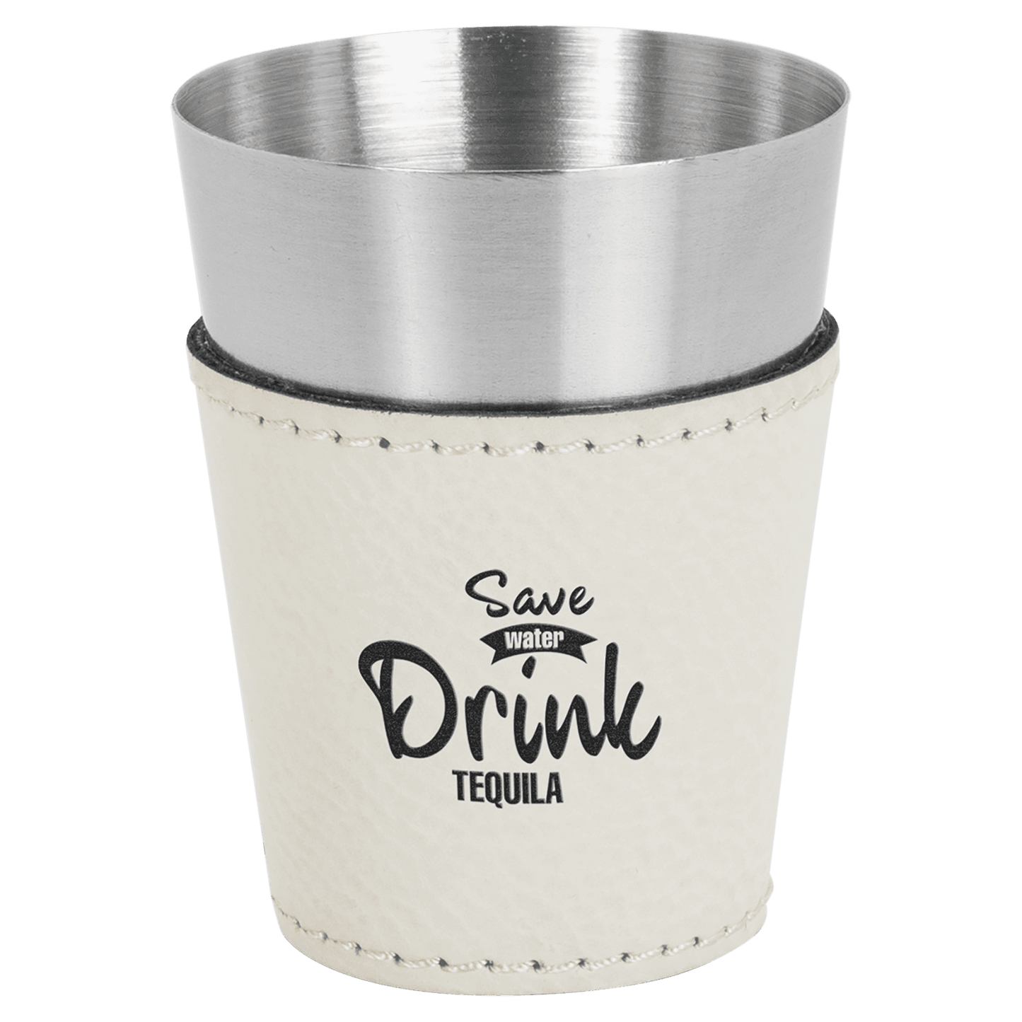 White 2" laser engravable leatherette shot glass personalized gift