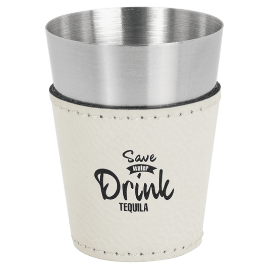 2 oz. White Laserable Leatherette & Stainless Steel Shot Glass