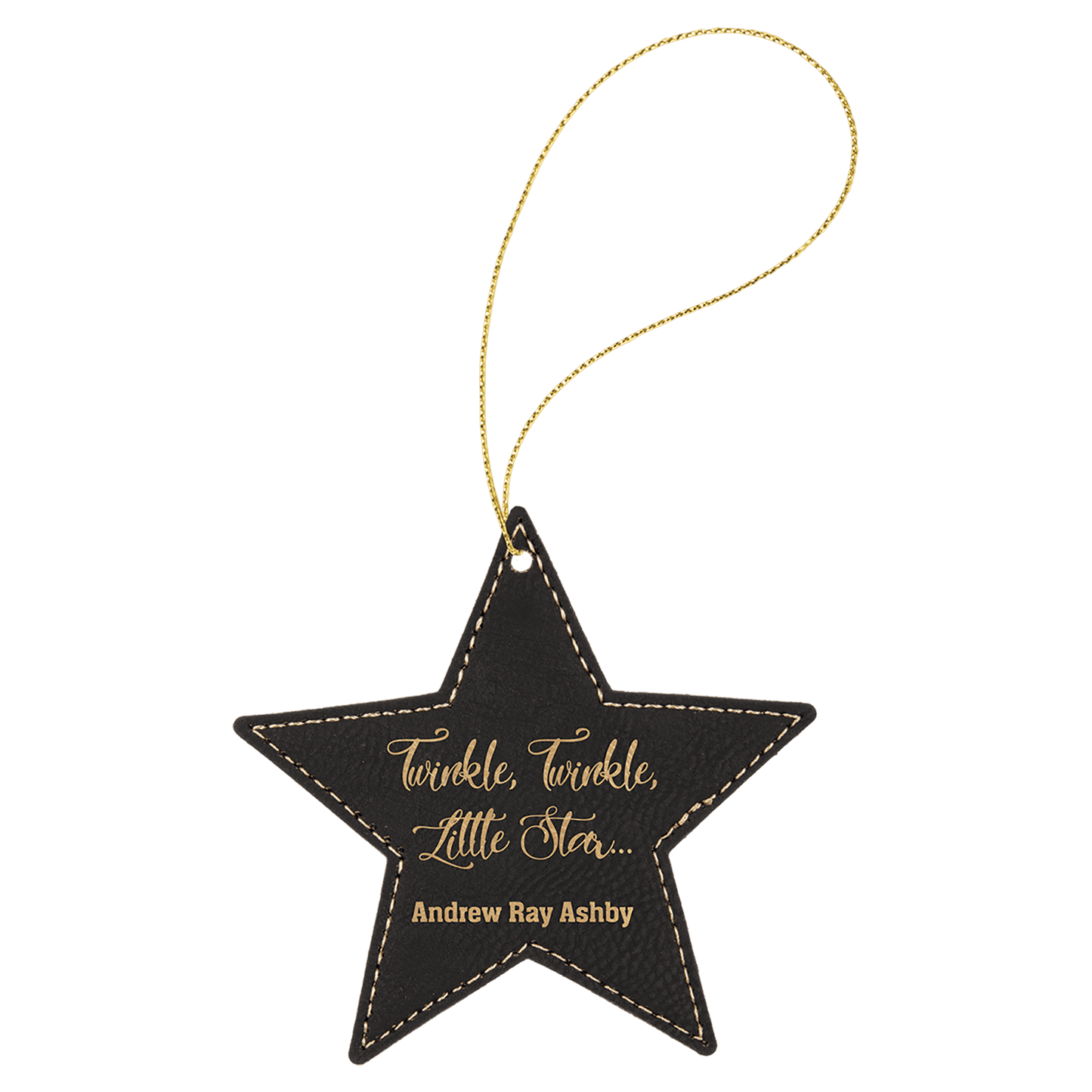 Black/Gold Laserable Leatherette Star Ornament with Gold String