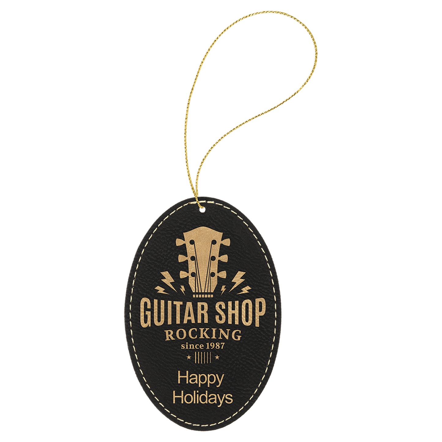 Black/Gold Laserable Leatherette Oval Ornament with Gold String