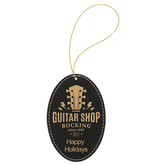 Black/Gold Laserable Leatherette Oval Ornament with Gold String