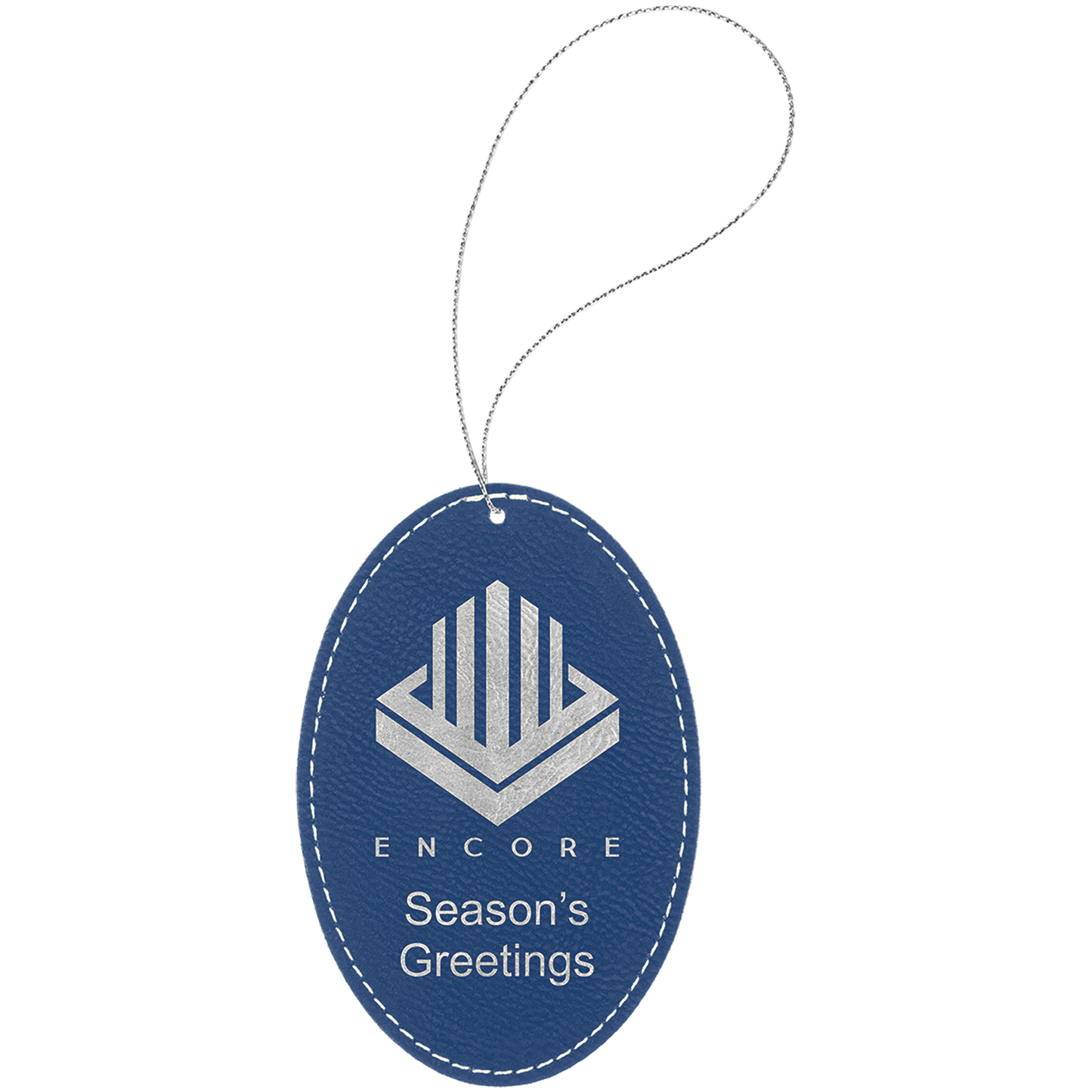 Blue/Silver Silver Laserable Leatherette Oval Ornament with String