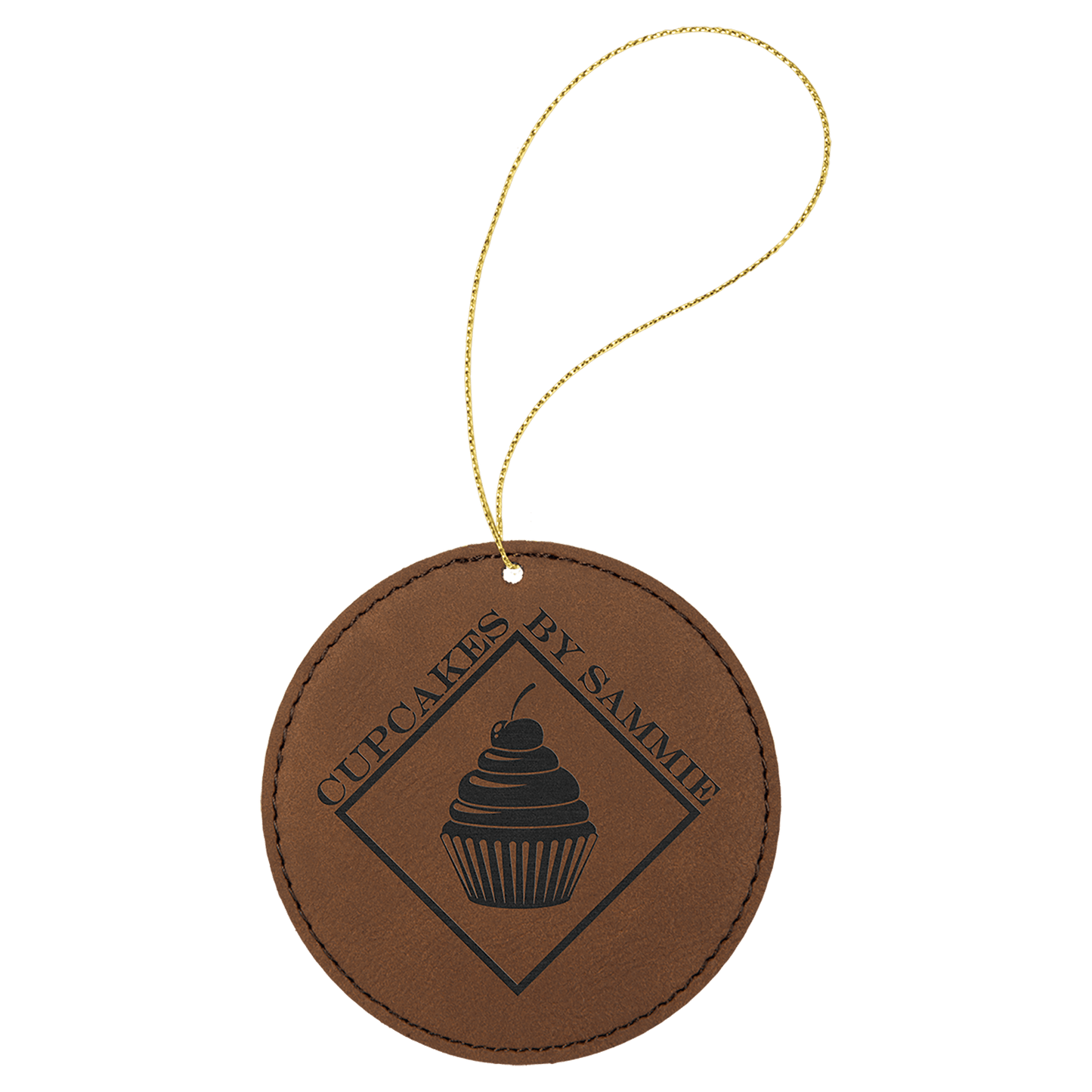 Dark Brown Gold Laserable Leatherette Round Ornament with String