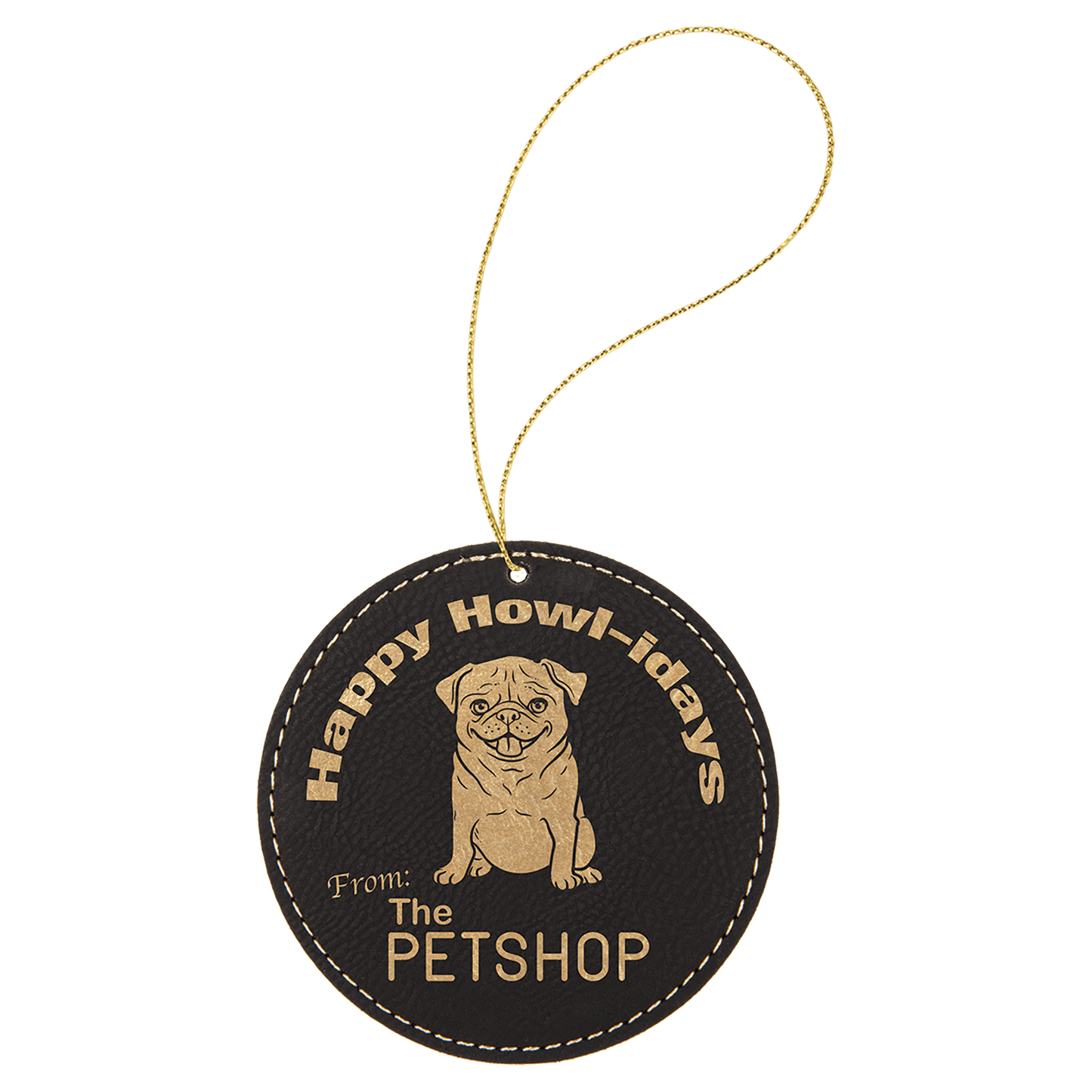 Black/Gold Laserable Leatherette Round Ornament with Gold String