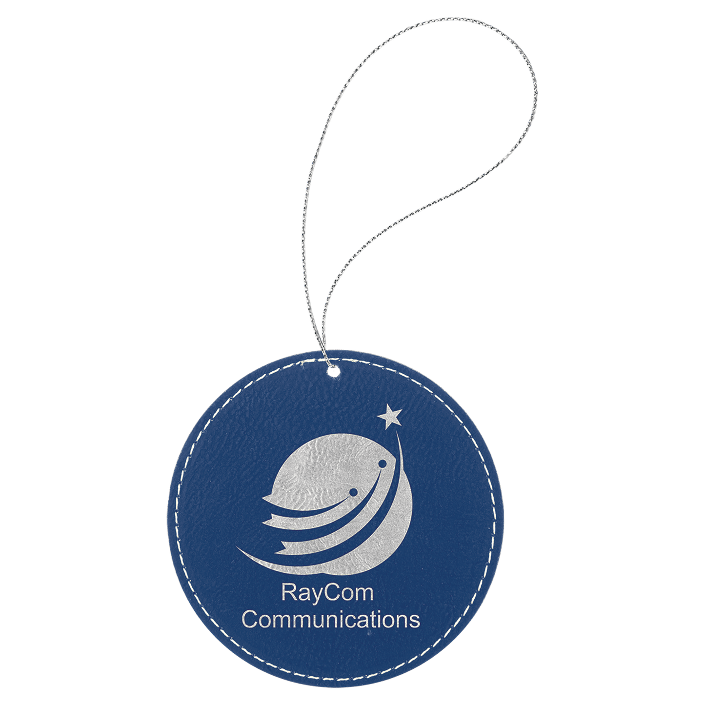 Blue/Silver Laserable Leatherette Round Ornament with Silver String